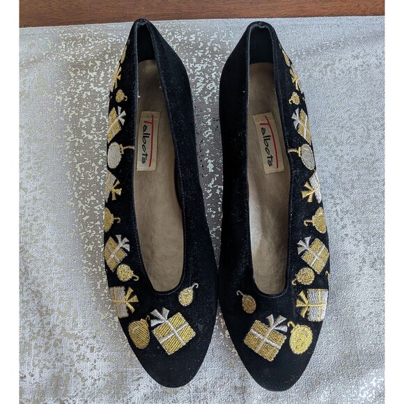 Talbots Shoes - Talbot's Vtg Flats Women's 7.5 M 80s Black Velvet Gold Embroidered Holiday Shoes